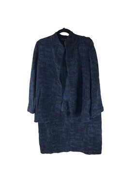 Eileen Fisher Dress Jacket Set Blue Crosshatch Jacquard Cotton Blend Suit 2pc L?